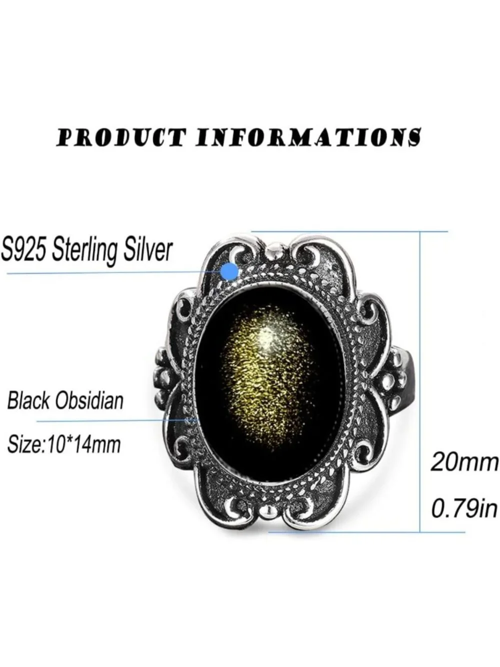 Vintage Black Obsidian Flower Ring for Women | S925 Sterling Silver Bohemian